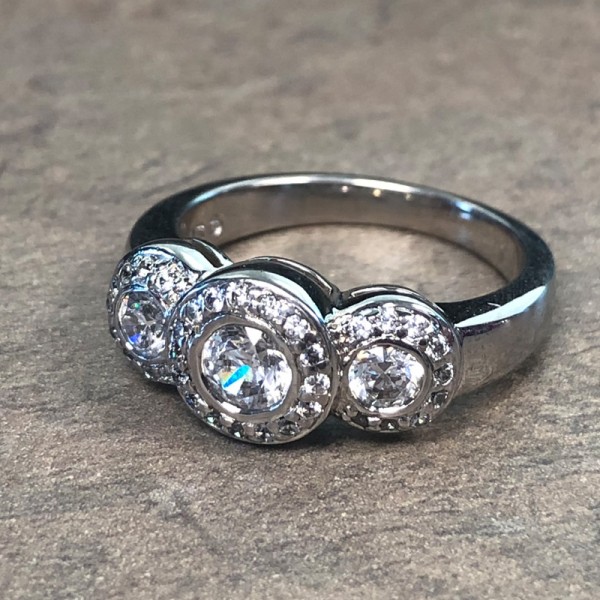 14K White Gold 3 Stone Round Halo Engagement Ring